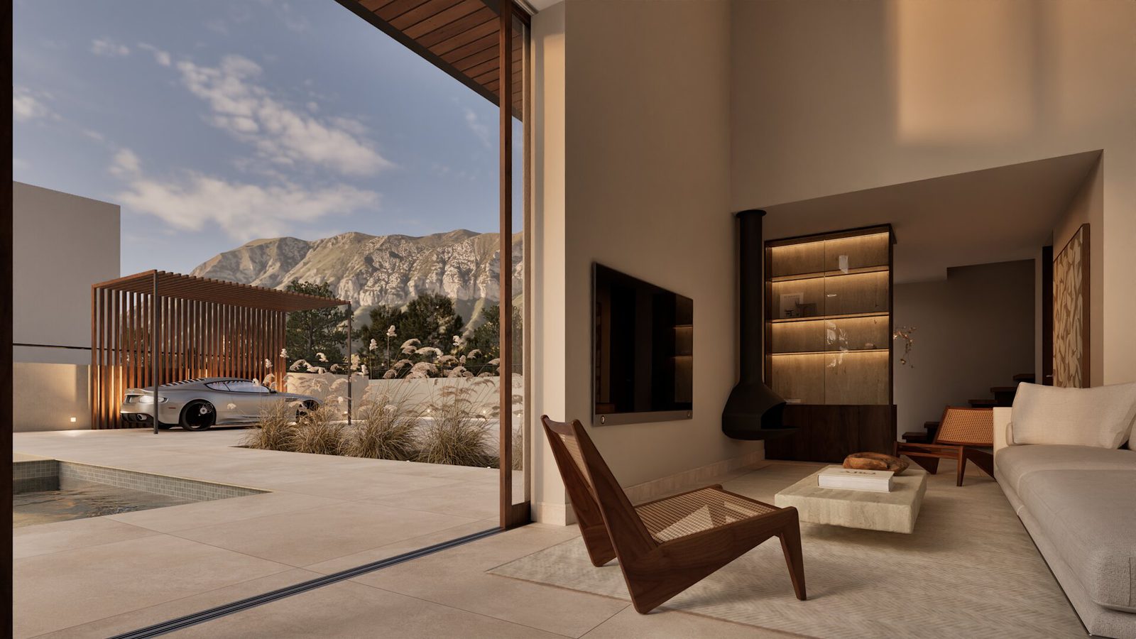 Mountain views through large windows in a stylish living room of a 3-bedroom villa in Denia - The Estates