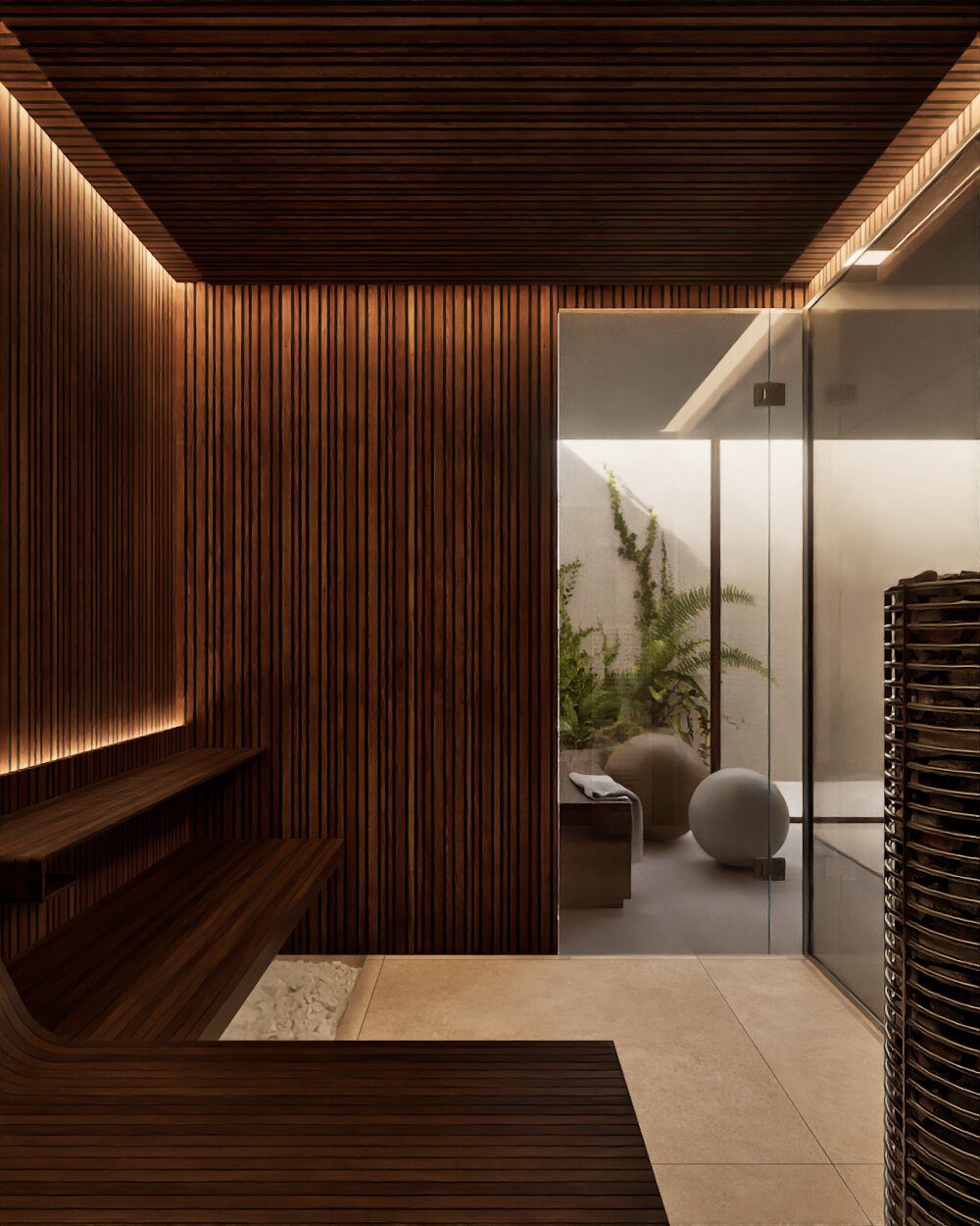 Stylish wooden interior with a glimpse of a garden in a 3-bedroom villa in Denia - The Estates