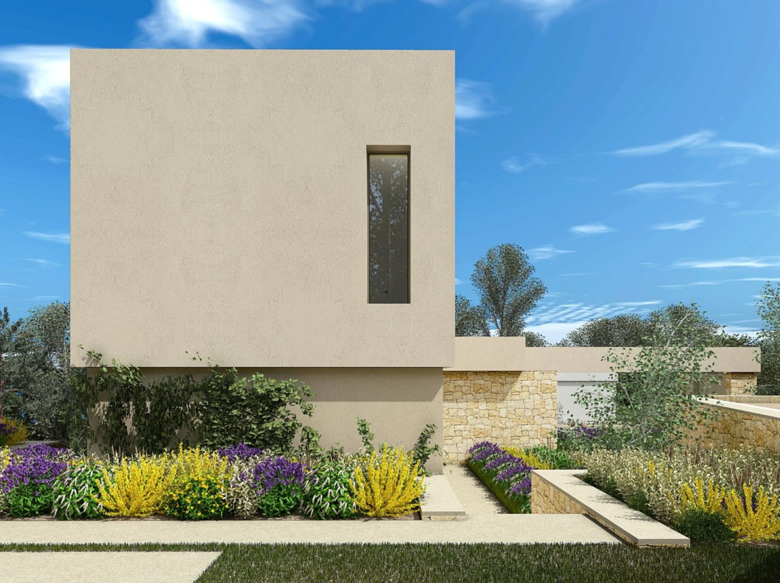 Modern exterior of a 3-bedroom villa in Dénia with sea views and lush landscaping - The Estates