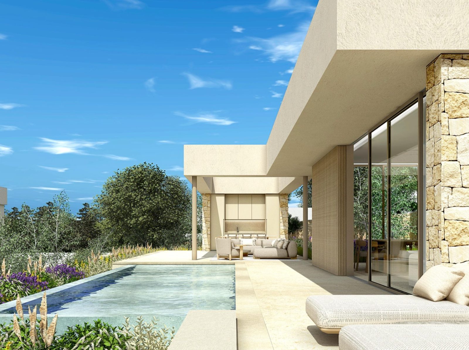 Exterior view of a modern 3-bedroom villa with a pool and terrace in Dénia - The Estates