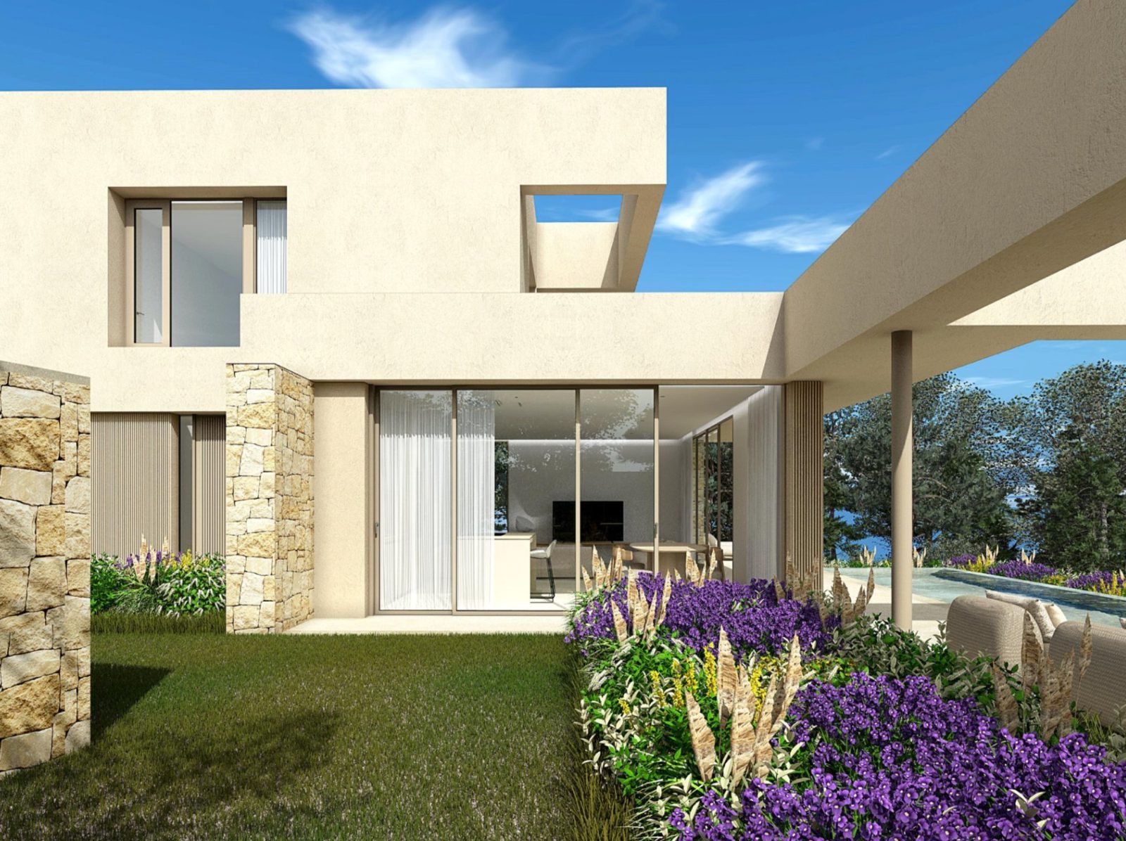 Modern exterior of a 3-bedroom villa in Dénia with sea views and lush landscaping - The Estates
