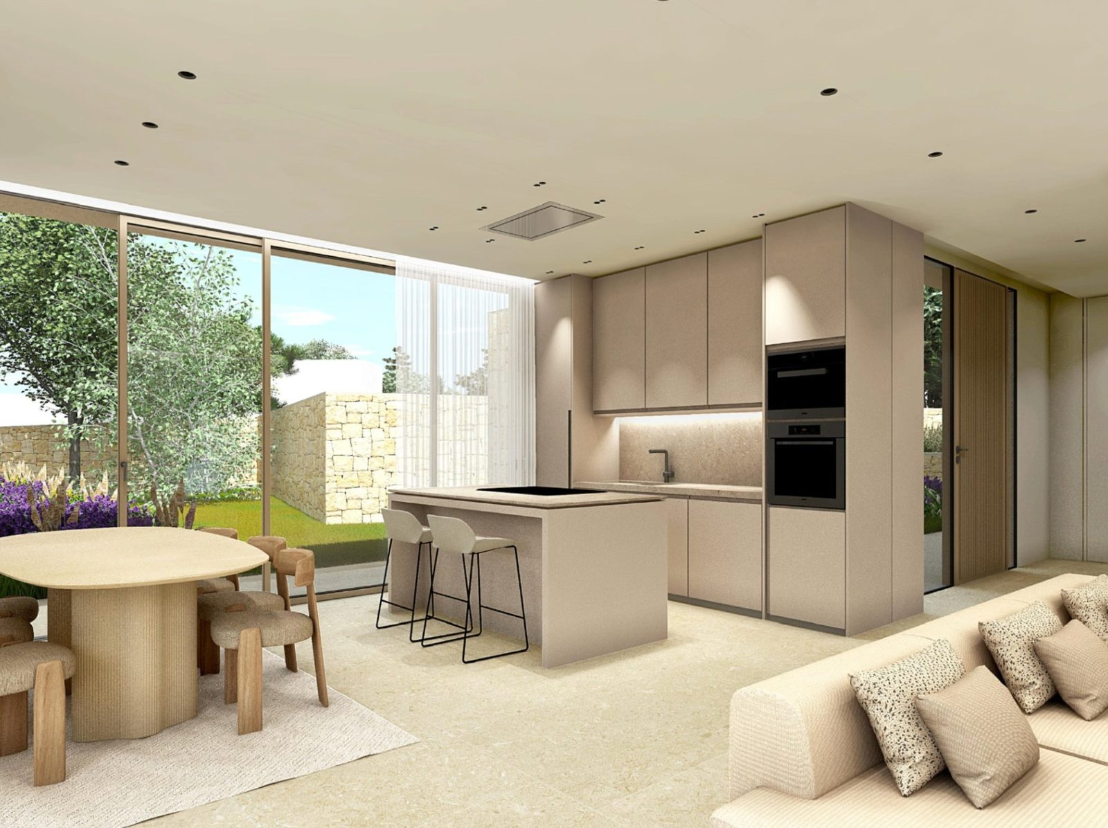 Modern kitchen and dining area with garden views in a 3-bedroom villa in Dénia - The Estates