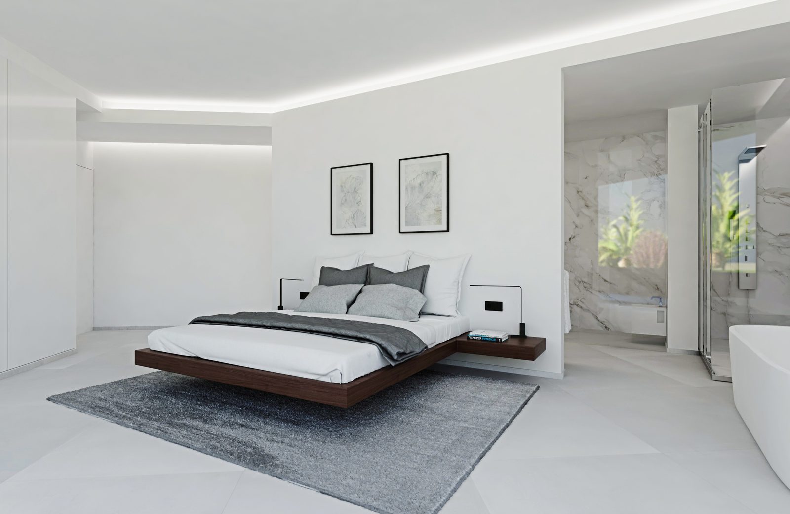 Modern master bedroom with ensuite bathroom of a 3-bedroom apartment in Calpe - The Estates