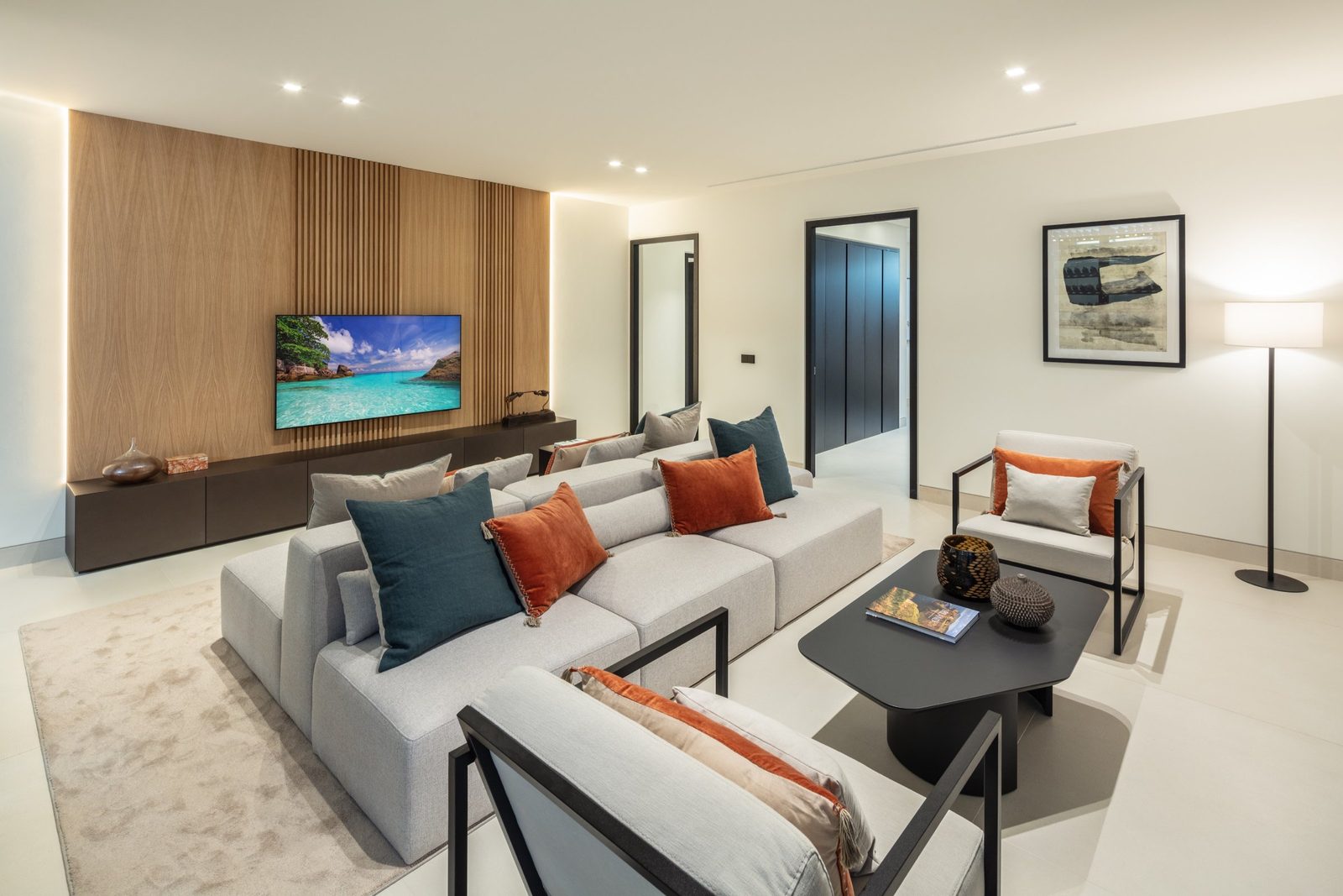 Contemporary living room with sectional seating, coffee