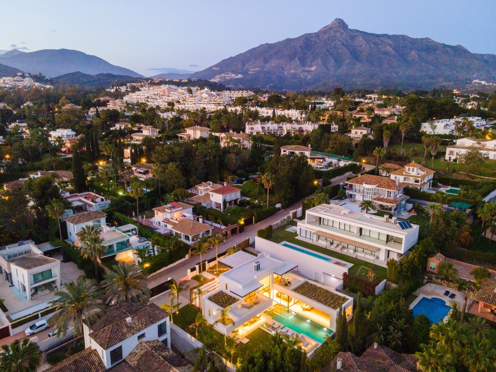 Aerial view of Las Brisas villas and La Concha mountain at dusk, of a