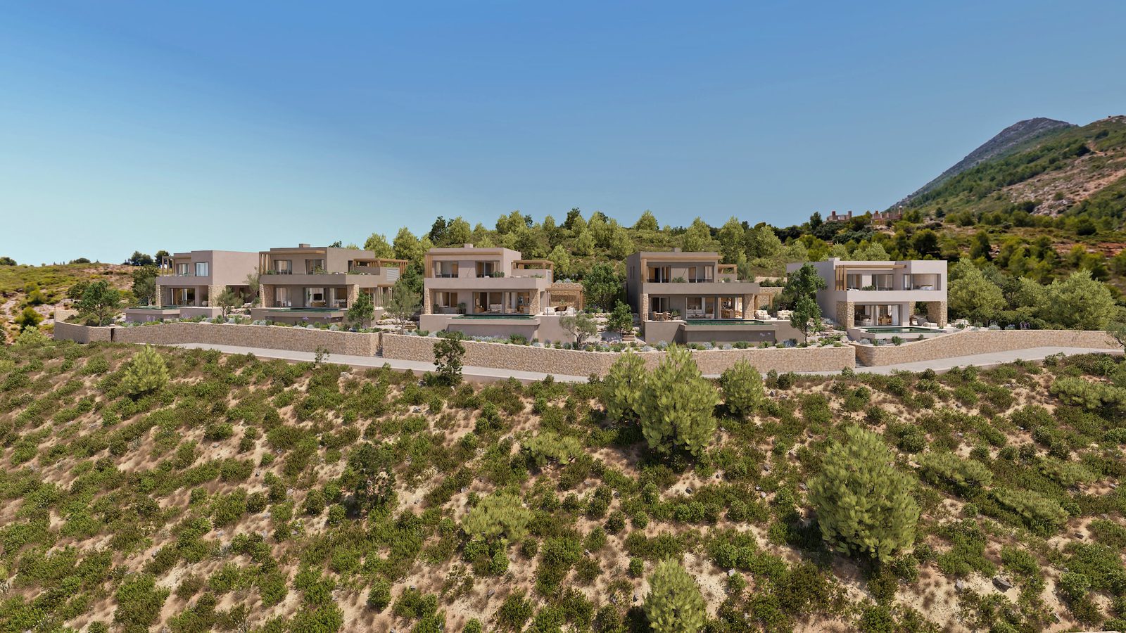 A row of modern villas nestled in the countryside and mountains of a 3-bedroom villa in Lliber - The Estates