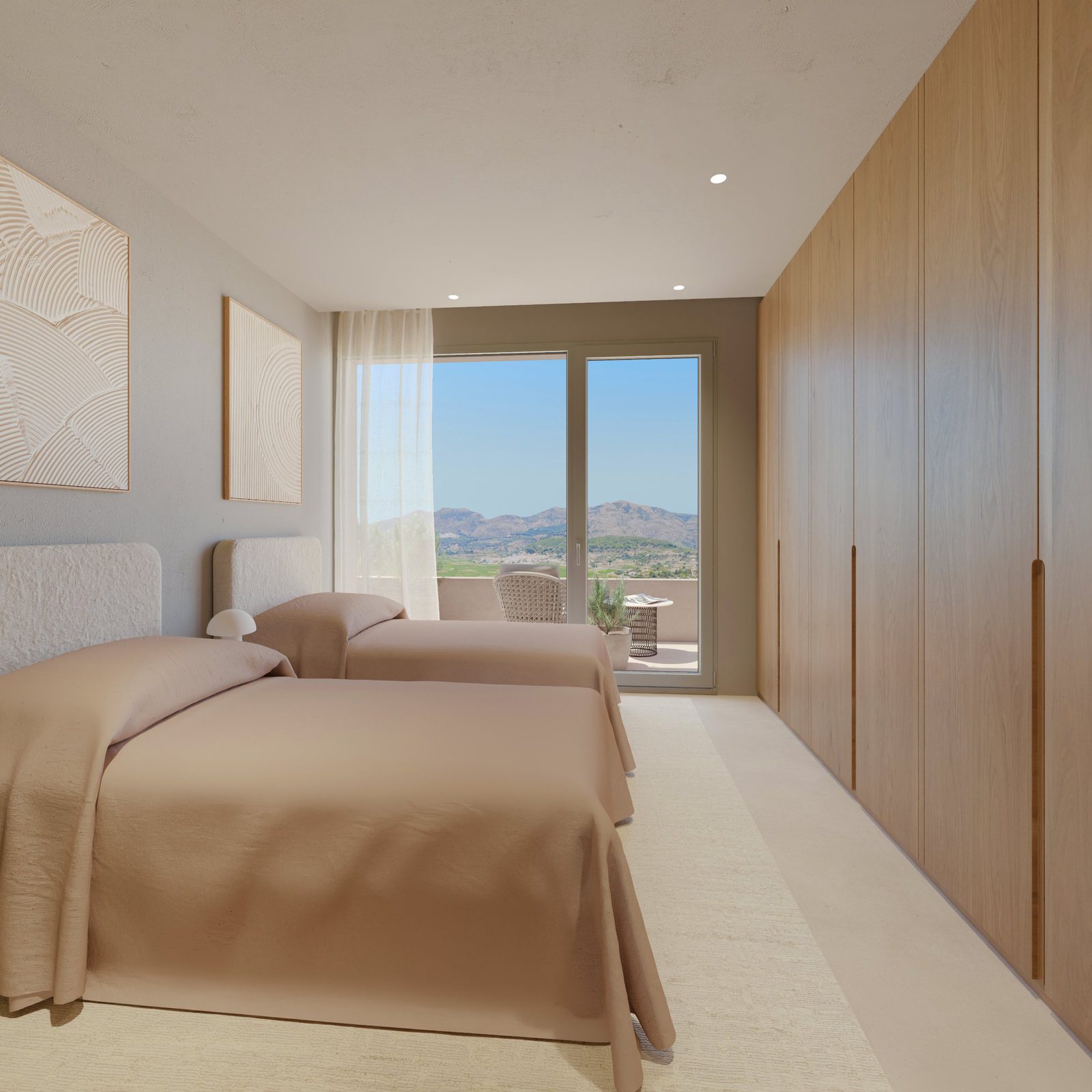 A bright bedroom with built-in wardrobes and mountain views in a 3-bedroom villa in Lliber - The Estates