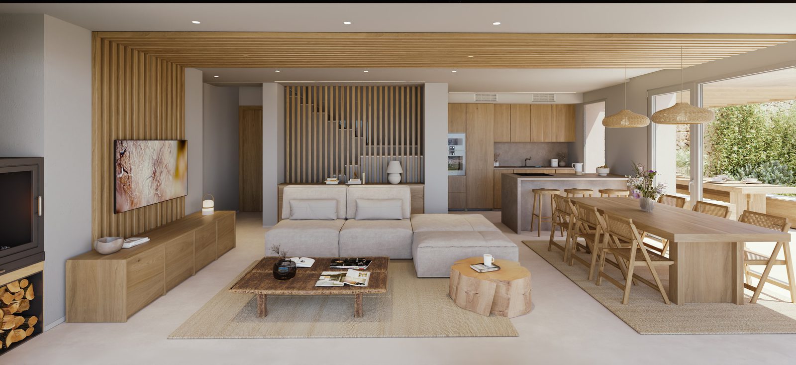 Stylish living area with modern kitchen and dining space in a 3-bedroom villa in Lliber - The Estates