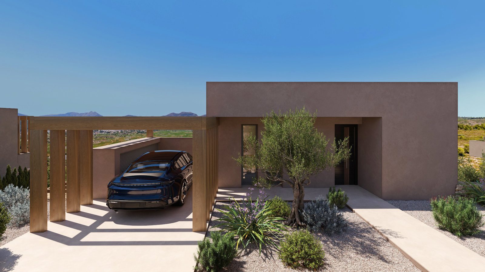 Exterior view of a modern 3-bedroom villa with a carport and garden in Lliber - The Estates