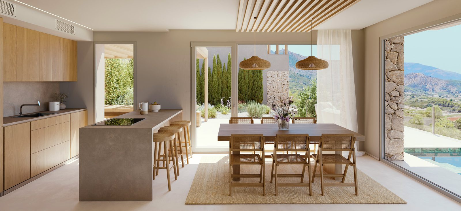 Bright, modern kitchen and dining area with mountain views in a 3-bedroom villa in Lliber - The Estates