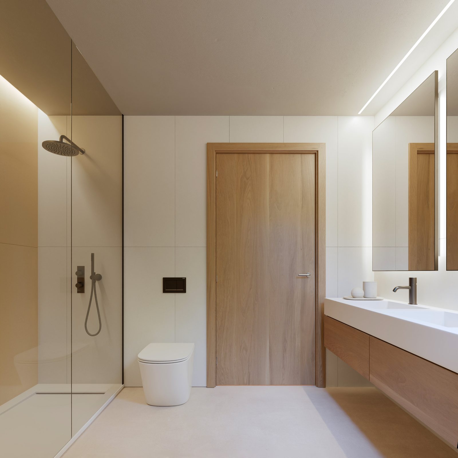 A modern bathroom with a walk-in shower and wood accents in a 3-bedroom villa in Lliber - The Estates