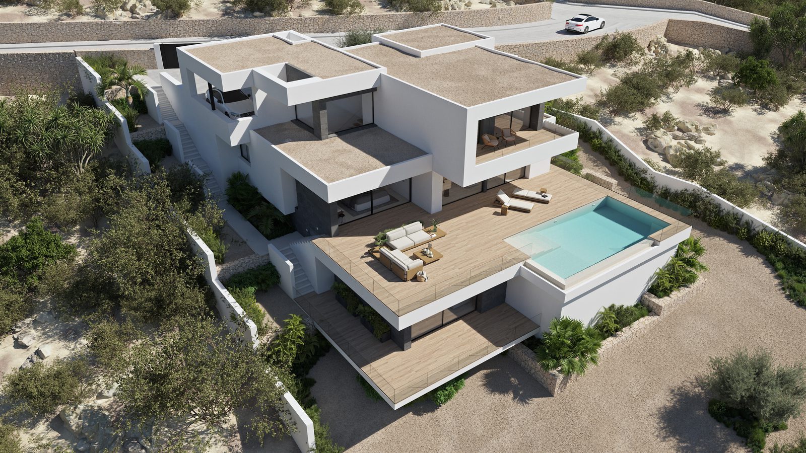 Aerial view of a modern villa with terraces and private pool, of a 3-bedroom villa in Benitachell - The Estates
