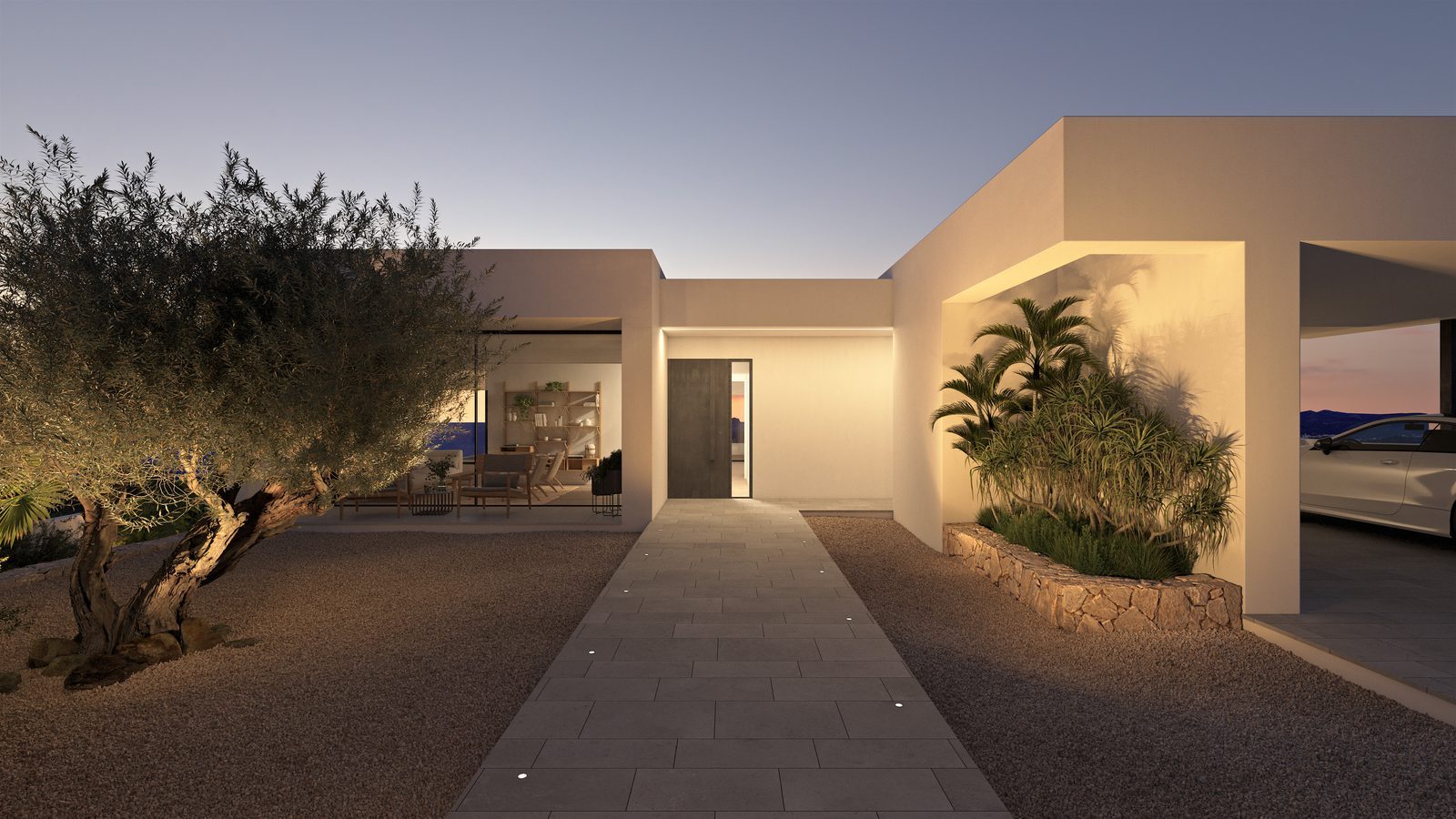 Contemporary villa entrance with landscaped courtyard, olive tree and covered parking of a 3-bedroom villa in Benitachell - The Estates