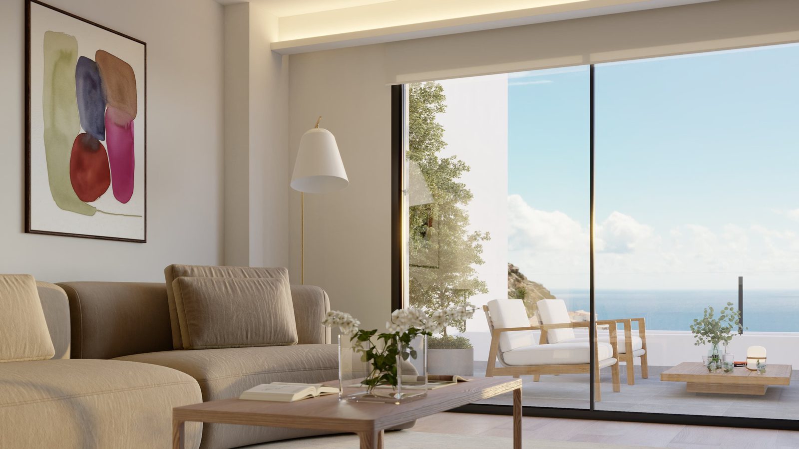 Bright living room with balcony views of the Mediterranean Sea in a 3-bedroom apartment in Benitachell - The Estates