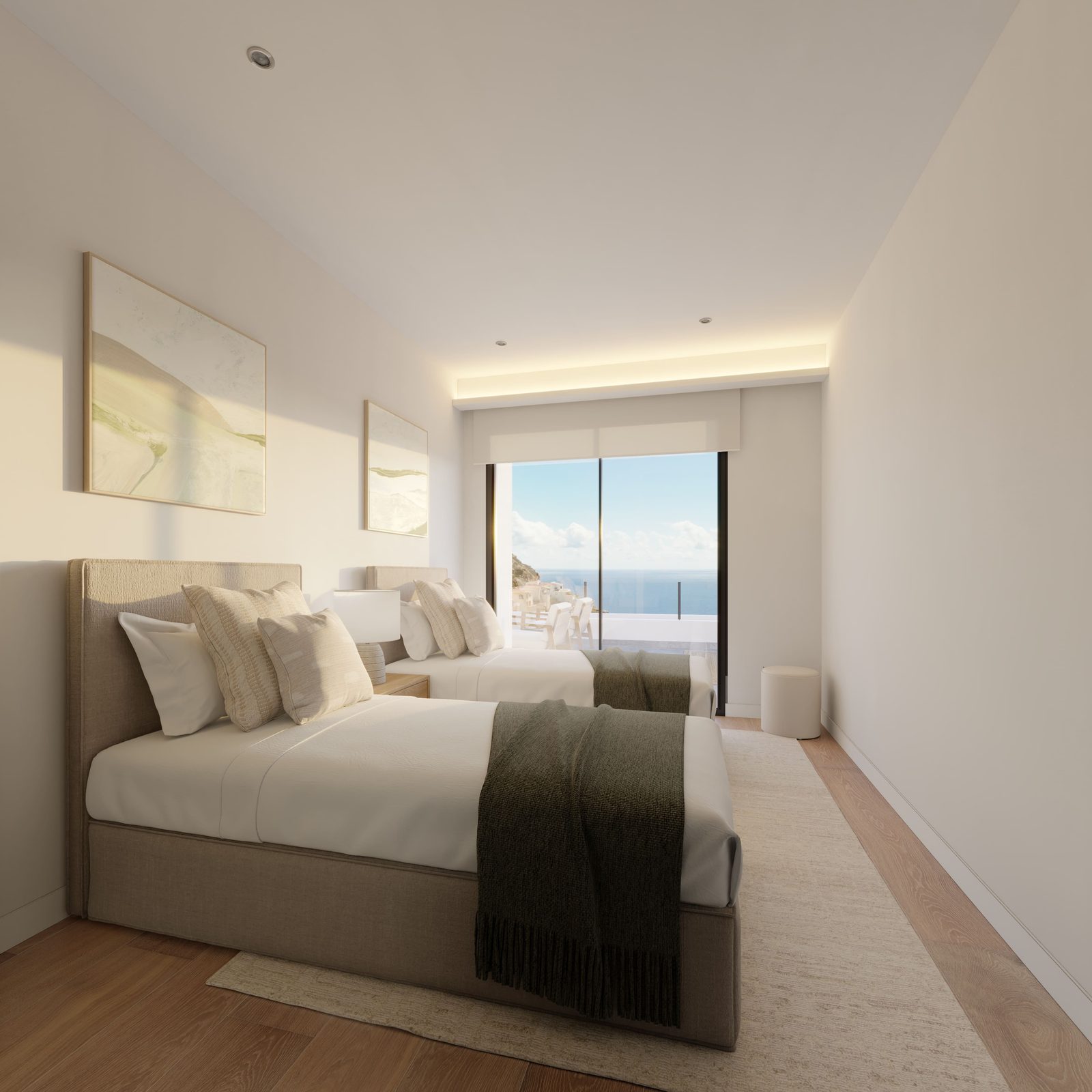A bright bedroom with a view of the Mediterranean Sea in a 3-bedroom apartment in Benitachell - The Estates