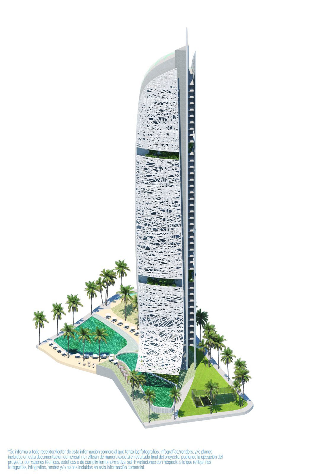 Architectural rendering of a high-rise apartment complex with pools, palm trees and landscaped gardens in Benidorm - The Estates